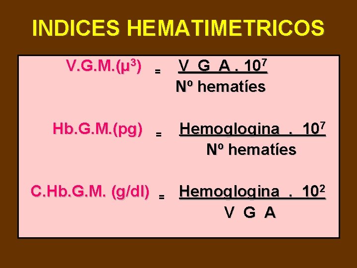 INDICES HEMATIMETRICOS V. G. M. (μ 3) Hb. G. M. (pg) C. Hb. G.