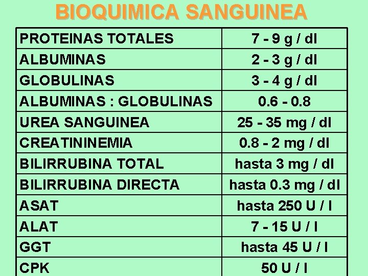BIOQUIMICA SANGUINEA PROTEINAS TOTALES ALBUMINAS GLOBULINAS ALBUMINAS : GLOBULINAS UREA SANGUINEA CREATININEMIA BILIRRUBINA TOTAL