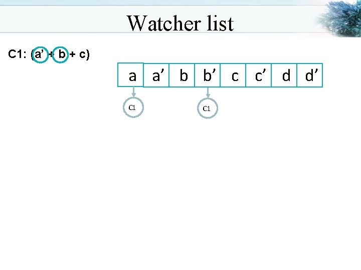 Watcher list C 1: (a’ + b + c) a a’ b b’ c
