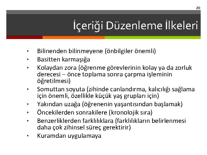 20 İçeriği Düzenleme İlkeleri • • Bilinenden bilinmeyene (önbilgiler önemli) Basitten karmaşığa Kolaydan zora