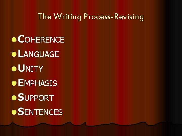 The Writing Process-Revising l COHERENCE l LANGUAGE l UNITY l EMPHASIS l SUPPORT l