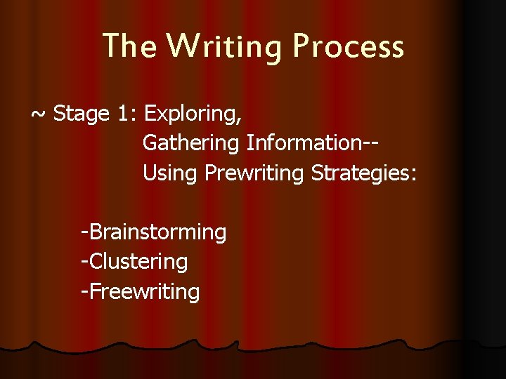 The Writing Process ~ Stage 1: Exploring, Gathering Information-Using Prewriting Strategies: -Brainstorming -Clustering -Freewriting