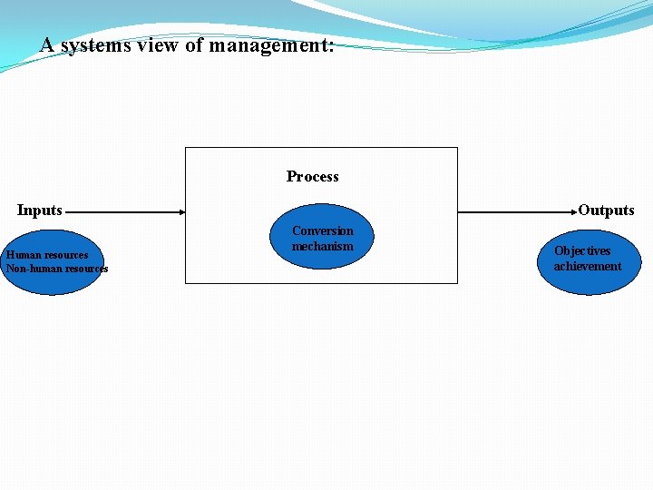 A systems view of management: Process Inputs Human resources Non-human resources Outputs Conversion mechanism
