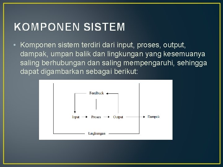 KOMPONEN SISTEM • Komponen sistem terdiri dari input, proses, output, dampak, umpan balik dan