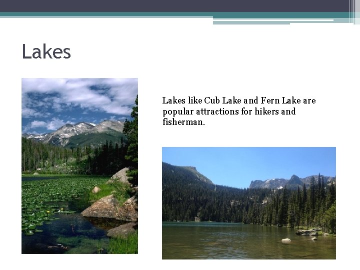 Lakes like Cub Lake and Fern Lake are popular attractions for hikers and fisherman.