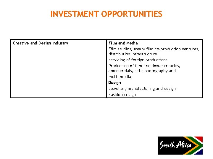 INVESTMENT OPPORTUNITIES Creative and Design Industry Film and Media Film studios, treaty film co-production