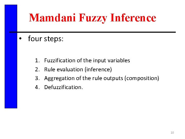 Mamdani Fuzzy Inference • four steps: 1. 2. 3. 4. Fuzzification of the input