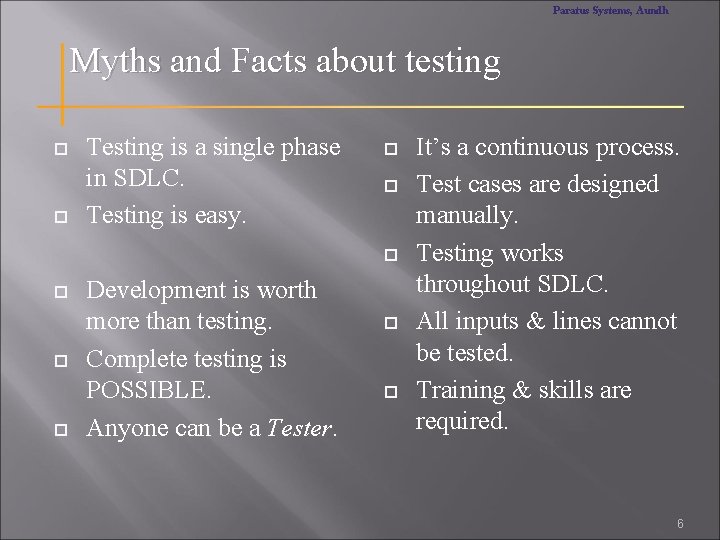 Paratus Systems, Aundh Myths and Facts about testing Testing is a single phase in