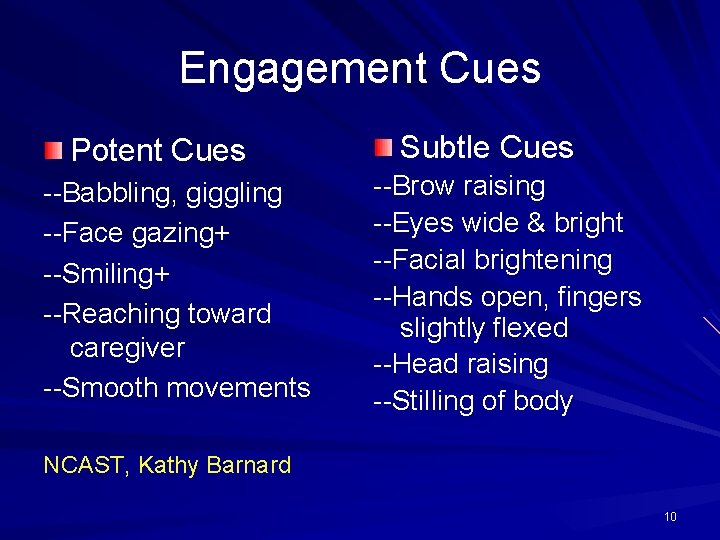 Engagement Cues Potent Cues --Babbling, giggling --Face gazing+ --Smiling+ --Reaching toward caregiver --Smooth movements