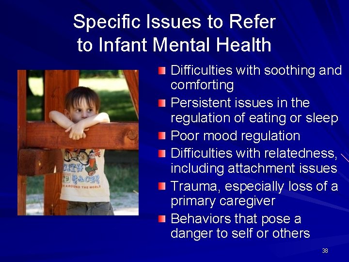 Specific Issues to Refer to Infant Mental Health Difficulties with soothing and comforting Persistent