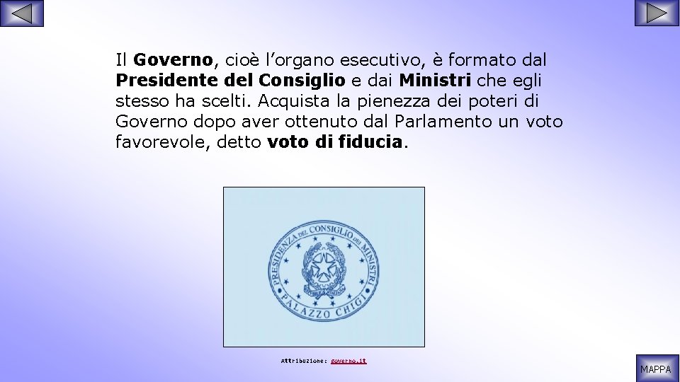Il Governo, cioè l’organo esecutivo, è formato dal Presidente del Consiglio e dai Ministri