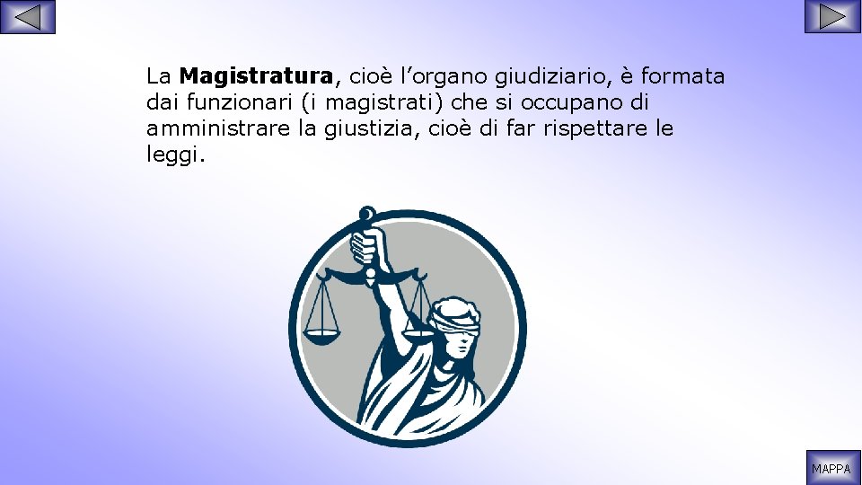 La Magistratura, cioè l’organo giudiziario, è formata dai funzionari (i magistrati) che si occupano