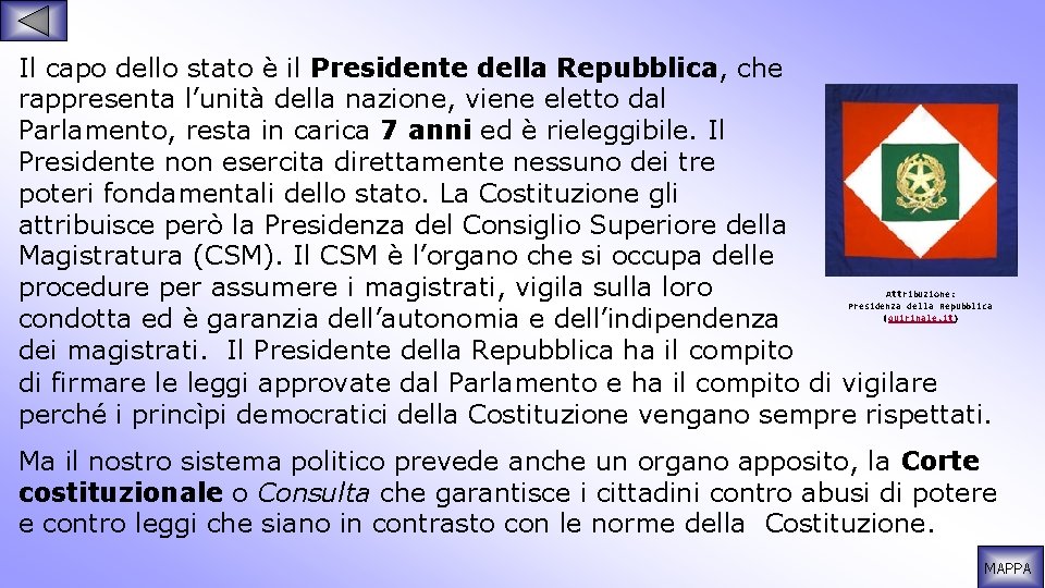 Il capo dello stato è il Presidente della Repubblica, che rappresenta l’unità della nazione,