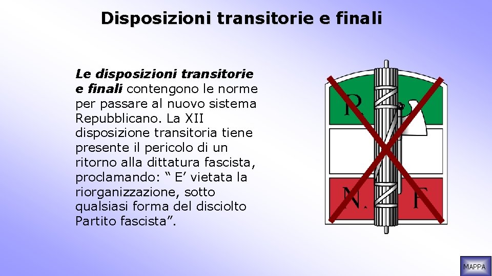 Disposizioni transitorie e finali Le disposizioni transitorie e finali contengono le norme per passare