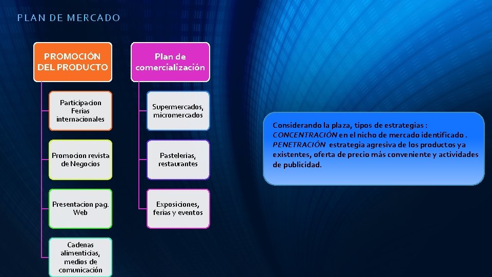 PL AN DE M ERCADO PROMOCIÓN DEL PRODUCTO Plan de comercialización Participacion Ferias internacionales