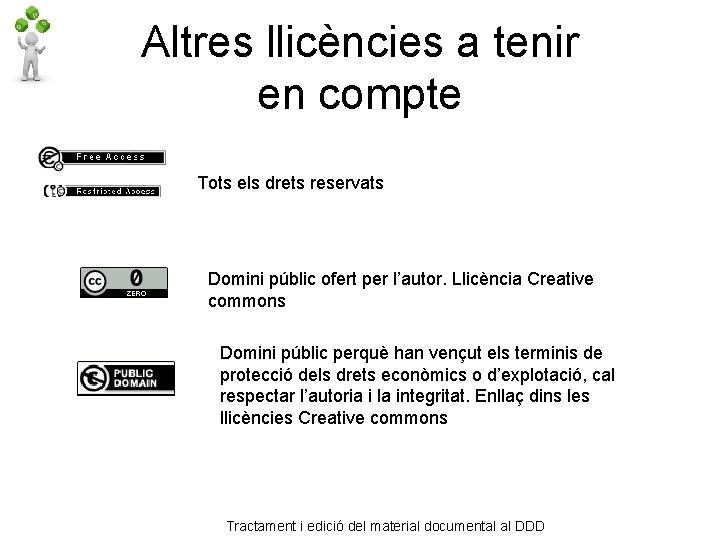 Altres llicències a tenir en compte Tots els drets reservats Domini públic ofert per