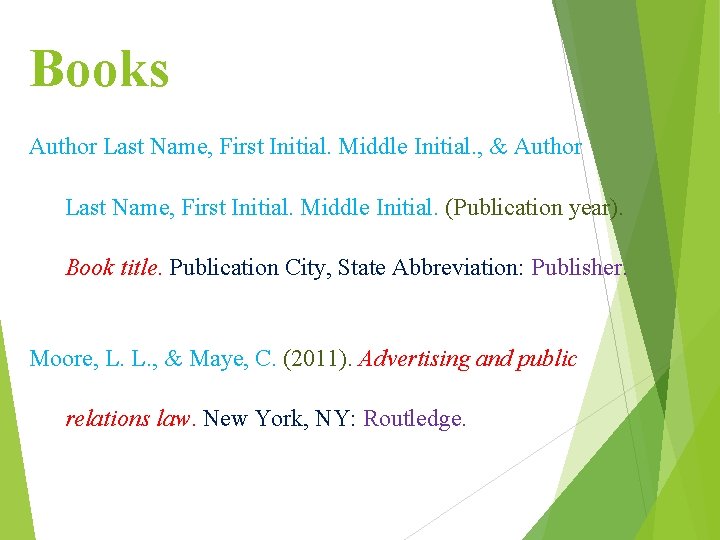 Books Author Last Name, First Initial. Middle Initial. , & Author Last Name, First