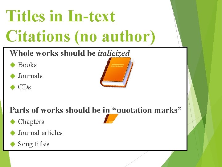 Titles in In-text Citations (no author) Whole works should be italicized Books Journals CDs