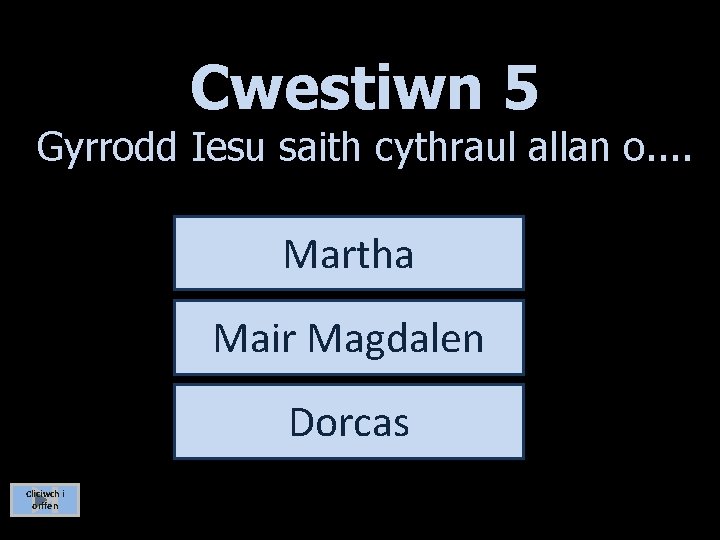 Cwestiwn 5 Gyrrodd Iesu saith cythraul allan o. . Martha Mair Magdalen Dorcas Cliciwch