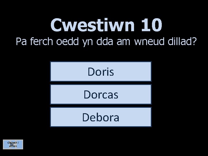 Cwestiwn 10 Pa ferch oedd yn dda am wneud dillad? Doris Dorcas Debora Cliciwch