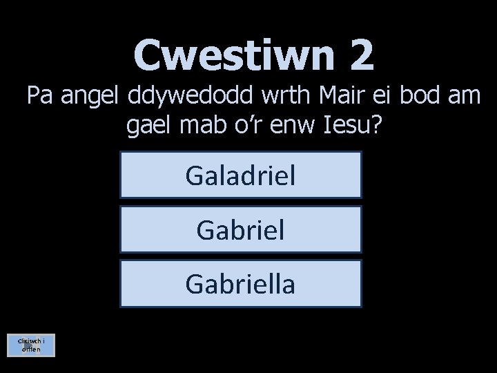 Cwestiwn 2 Pa angel ddywedodd wrth Mair ei bod am gael mab o’r enw