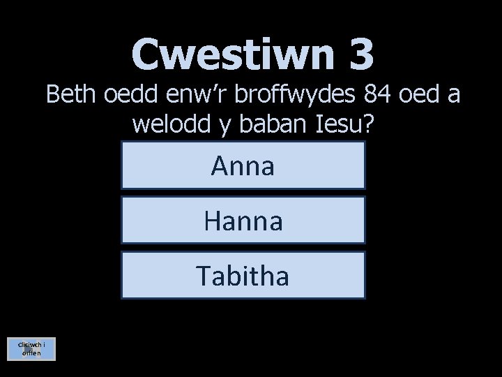 Cwestiwn 3 Beth oedd enw’r broffwydes 84 oed a welodd y baban Iesu? Anna