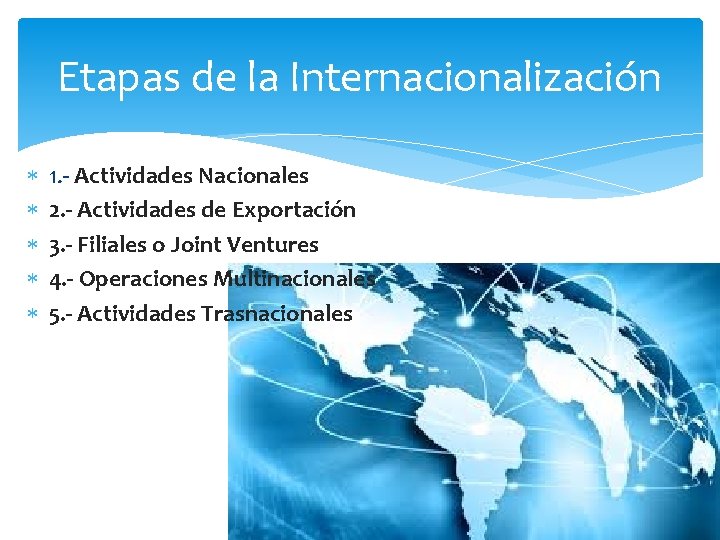 Etapas de la Internacionalización 1. - Actividades Nacionales 2. - Actividades de Exportación 3.