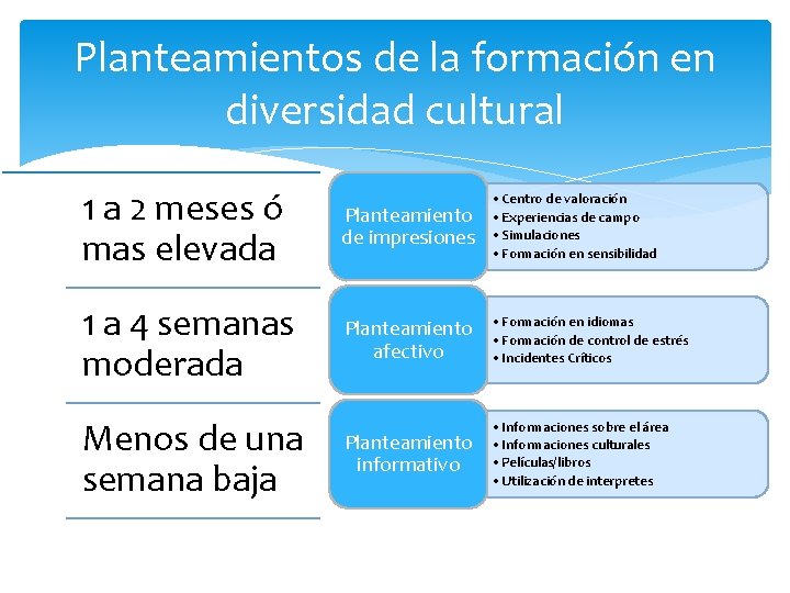 Planteamientos de la formación en diversidad cultural 1 a 2 meses ó mas elevada