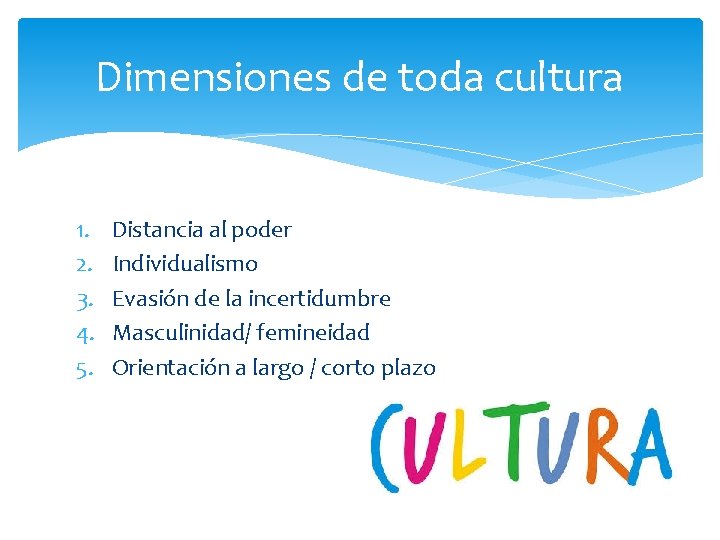 Dimensiones de toda cultura 1. 2. 3. 4. 5. Distancia al poder Individualismo Evasión