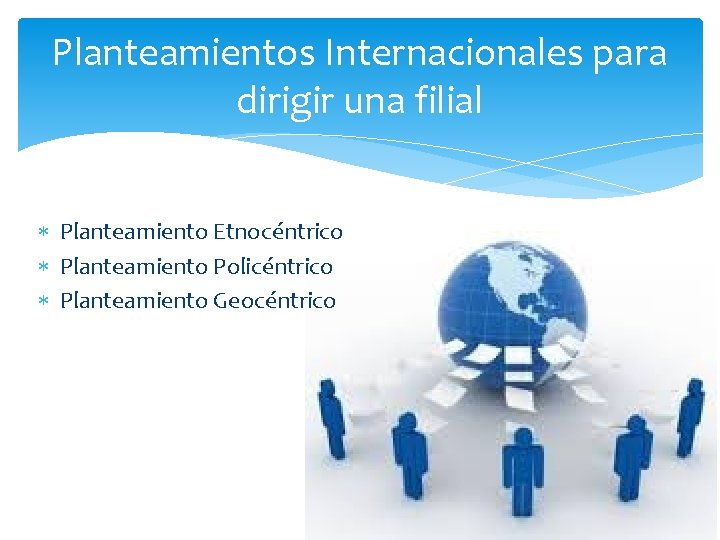 Planteamientos Internacionales para dirigir una filial Planteamiento Etnocéntrico Planteamiento Policéntrico Planteamiento Geocéntrico 