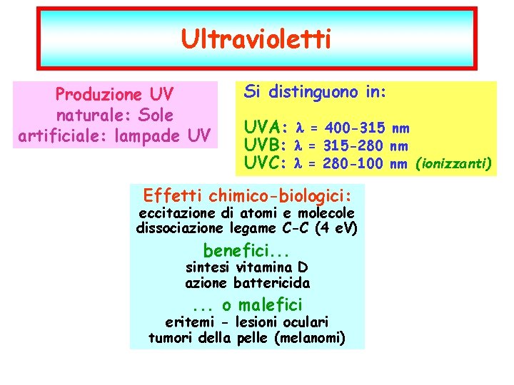 Ultravioletti Produzione UV naturale: Sole artificiale: lampade UV Si distinguono in: UVA: = 400