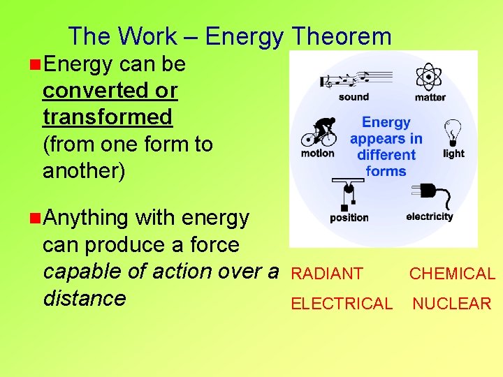 The Work – Energy Theorem n. Energy can be converted or transformed (from one