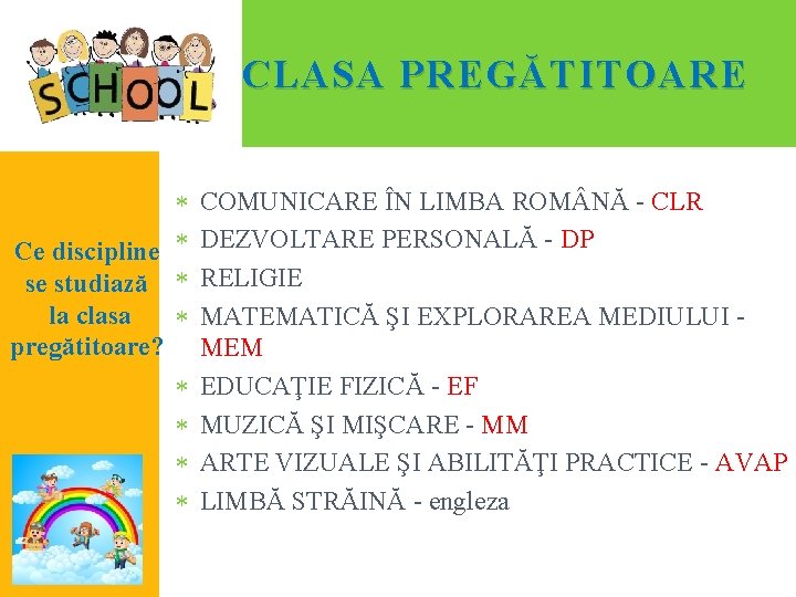 CLASA PREG Ă TITOARE Ce discipline se studiază la clasa pregătitoare? COMUNICARE ÎN LIMBA