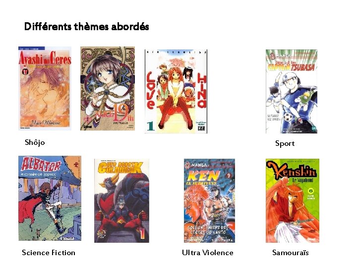 Différents thèmes abordés Shôjo Science Fiction Sport Ultra Violence Samouraïs 