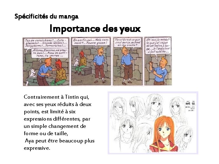 Spécificités du manga Importance des yeux Contrairement à Tintin qui, avec ses yeux réduits