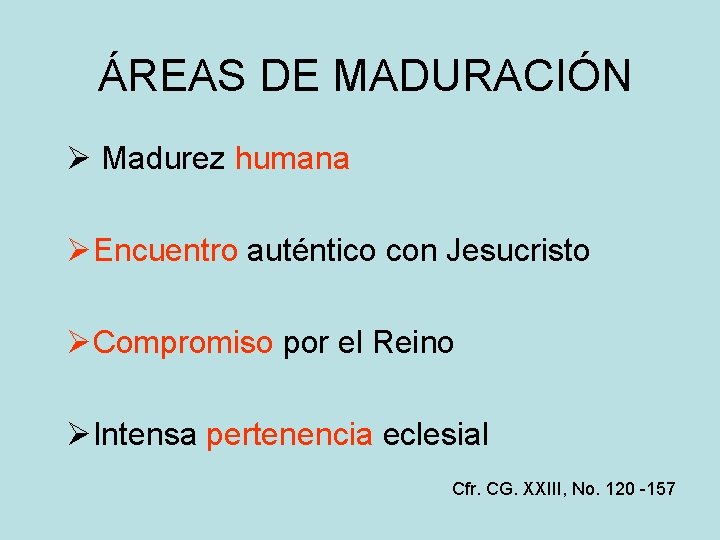 ÁREAS DE MADURACIÓN Ø Madurez humana ØEncuentro auténtico con Jesucristo ØCompromiso por el Reino