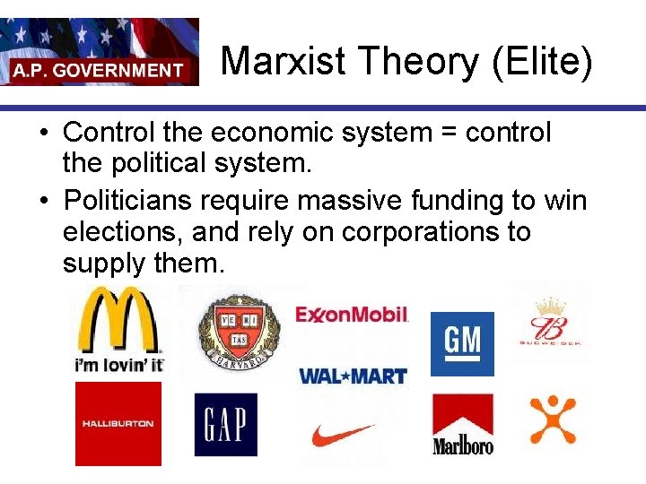 Marxist Theory (Elite) • Control the economic system = control the political system. •