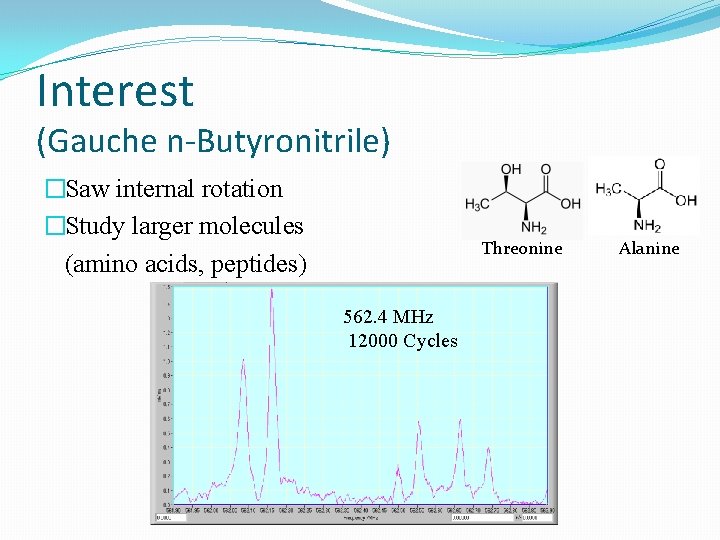 Interest (Gauche n-Butyronitrile) �Saw internal rotation �Study larger molecules (amino acids, peptides) Threonine 562.