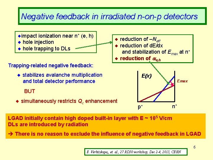 Negative feedback in irradiated n-on-p detectors impact ionization near n+ (e, h) hole injection