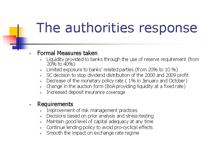 The authorities response § Formal Measures taken § § § § Liquidity provided to