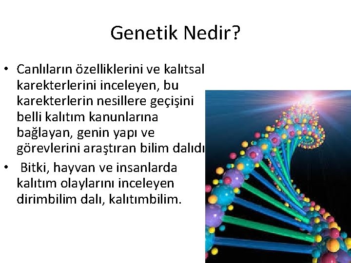 Genetik Nedir? • Canlıların özelliklerini ve kalıtsal karekterlerini inceleyen, bu karekterlerin nesillere geçişini belli