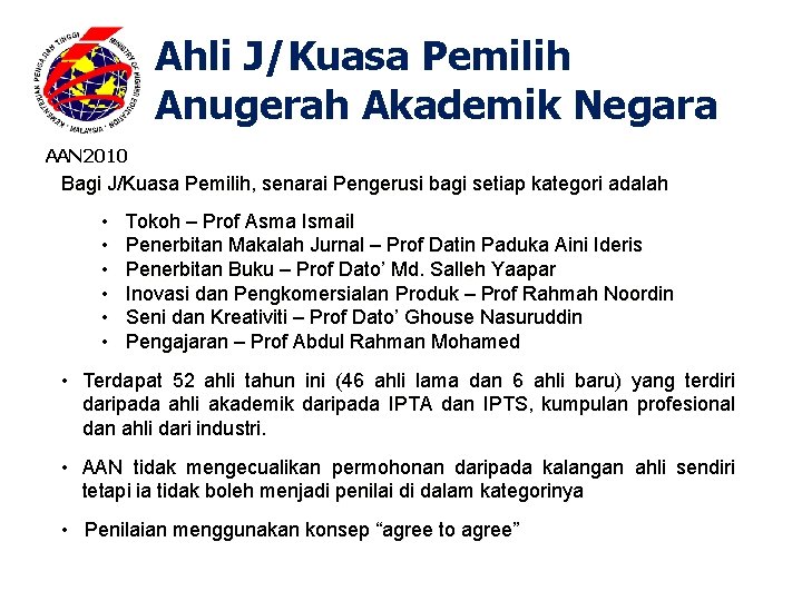 Ahli J/Kuasa Pemilih Anugerah Akademik Negara AAN 2010 Bagi J/Kuasa Pemilih, senarai Pengerusi bagi