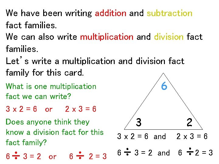 We have been writing addition and subtraction fact families. We can also write multiplication