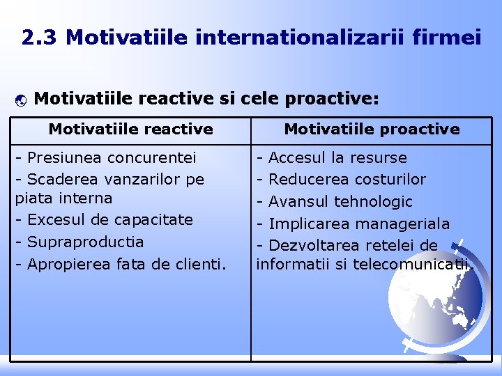 2. 3 Motivatiile internationalizarii firmei ý Motivatiile reactive si cele proactive: Motivatiile reactive -