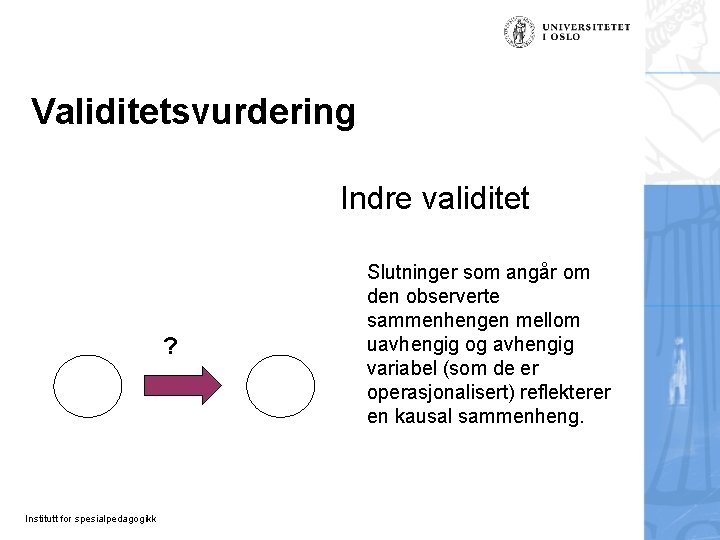 Validitetsvurdering Indre validitet ? Institutt for spesialpedagogikk Slutninger som angår om den observerte sammenhengen