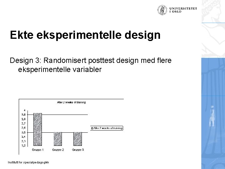 Ekte eksperimentelle design Design 3: Randomisert posttest design med flere eksperimentelle variabler Institutt for