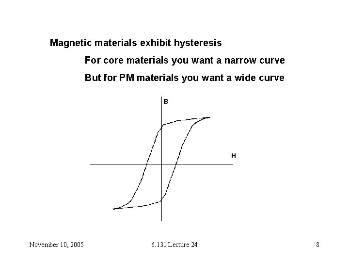 Magnetic materials exhibit hysteresis For core materials you want a narrow curve But for