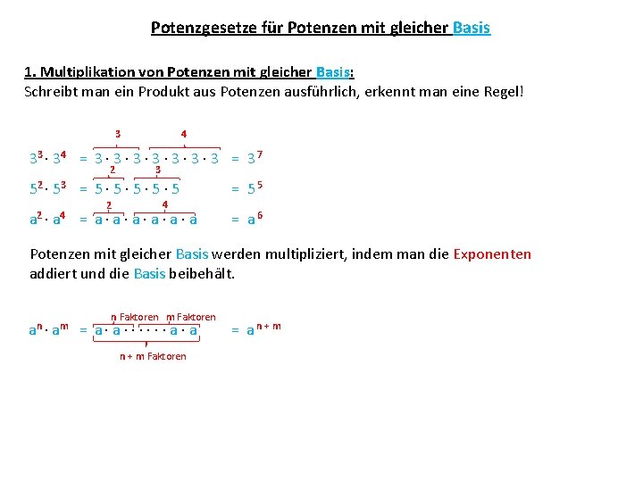Addieren Von Potenzen Mit Gleicher Basis Potenzgesetze fr Potenzen mit gleicher Basis 1 Multiplikation