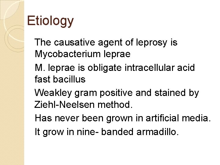 Etiology The causative agent of leprosy is Mycobacterium leprae M. leprae is obligate intracellular