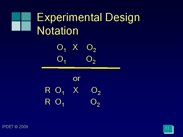 Experimental Design Notation O 1 X O 2 O 1 O 2 R O